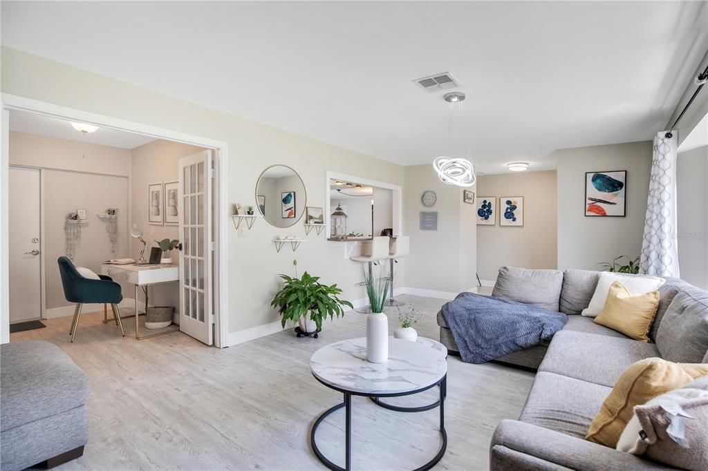 Interior, Living room, Pendant Lights, Wood Texture Flooring