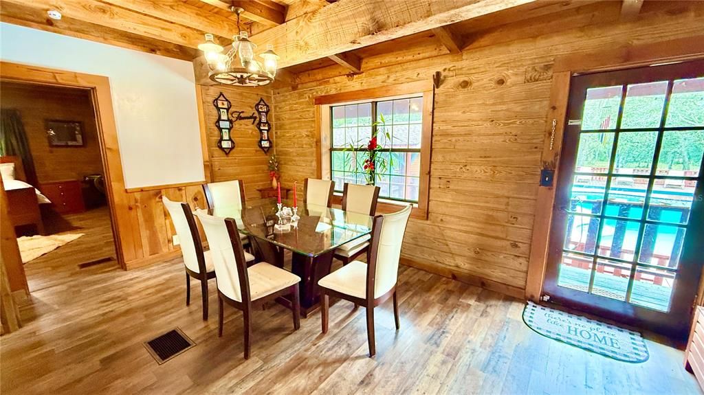 Chandelier, Dining room, Interior, Pendant Lights, Wooden Beams, Wooden Ceilings, Wood Texture Flooring, Wooden Walls