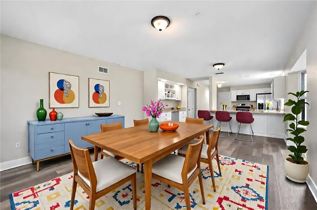 Dining room, Interior, Kitchen, Recessed Lighting, Stainless Steel Appliances, Wood Texture Flooring