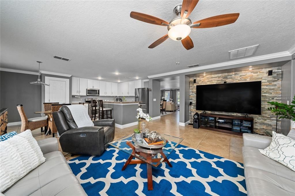 Dining room, Interior, Kitchen, Living room, Pendant Lights, Recessed Lighting, Stainless Steel Appliances, Stone Walls