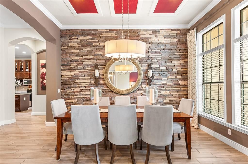Dining room, Interior, Pendant Lights, Recessed Lighting, Stone Walls, Wood Texture Flooring