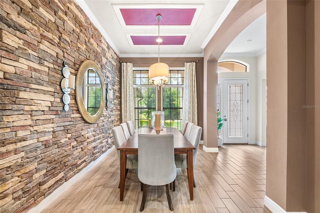Dining room, Interior, Pendant Lights, Stone Walls, Wood Texture Flooring