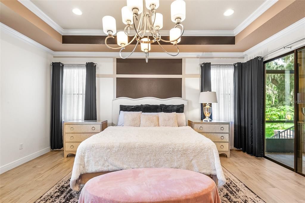 Bedroom, Chandelier, Interior, Recessed Lighting, Wood Texture Flooring