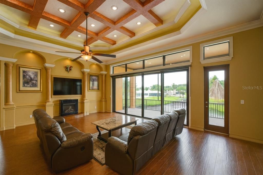 Fireplace, Interior, Living room, Recessed Lighting, Wooden Beams, Wood Texture Flooring