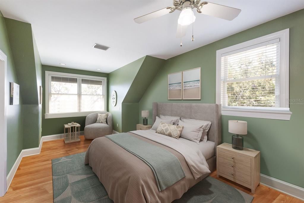 Bedroom, Interior, Recessed Lighting, Wood Texture Flooring