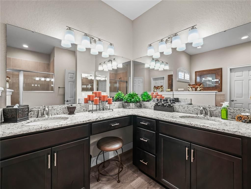Bathroom, Dual Sink Vanities, Interior, Recessed Lighting, Wood Texture Flooring