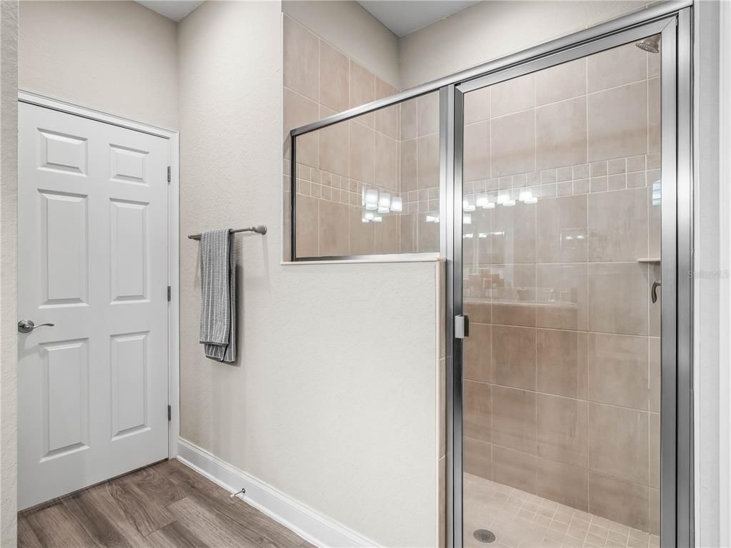 Bathroom, Glass Shower, Interior, Wood Texture Flooring
