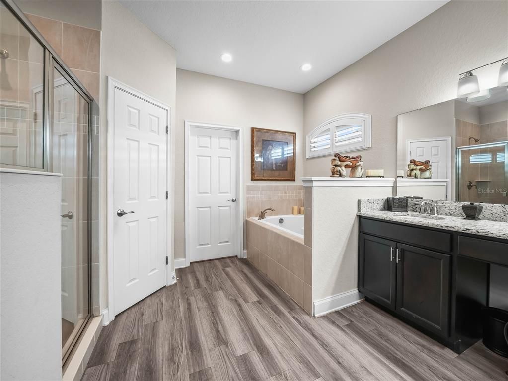 Bathroom, Glass Shower, Interior, Recessed Lighting, Wood Texture Flooring