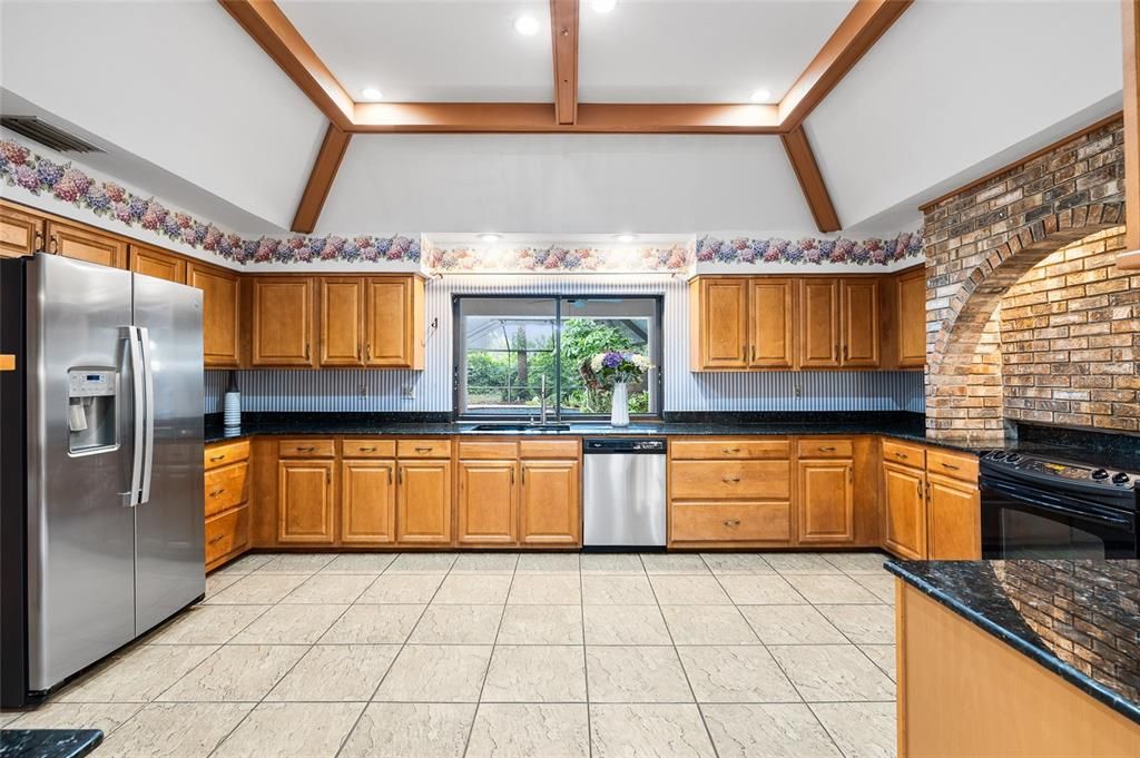Interior, Kitchen, Recessed Lighting, Stainless Steel Appliances, Stone Walls, Wooden Beams