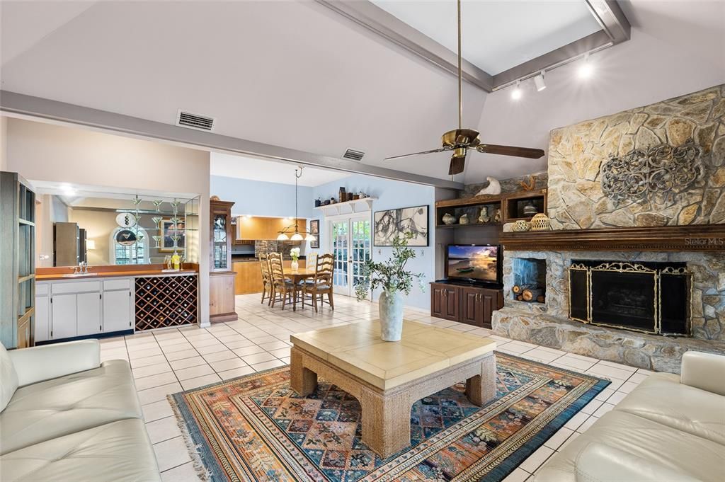 Dining room, Fireplace, Interior, Living room, Pendant Lights, Stone Walls