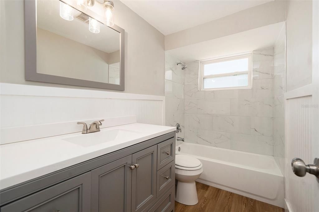 Bathroom, Interior, Marble Walls, Wood Texture Flooring