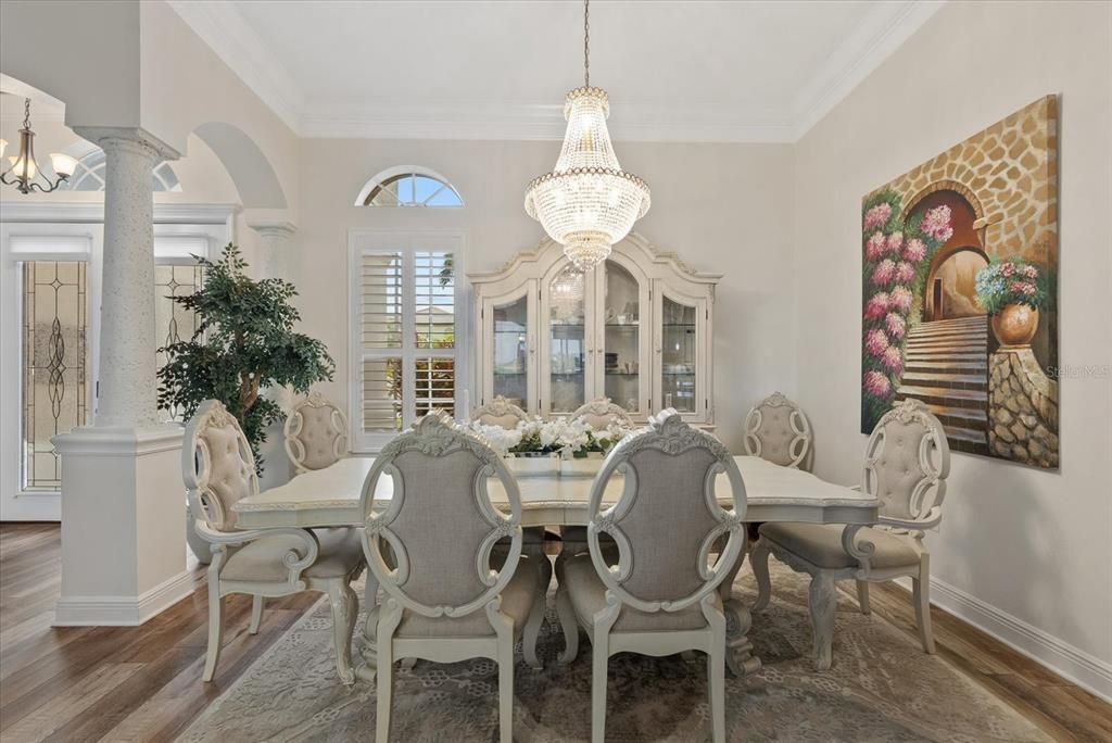 Chandelier, Dining room, Interior, Wood Texture Flooring