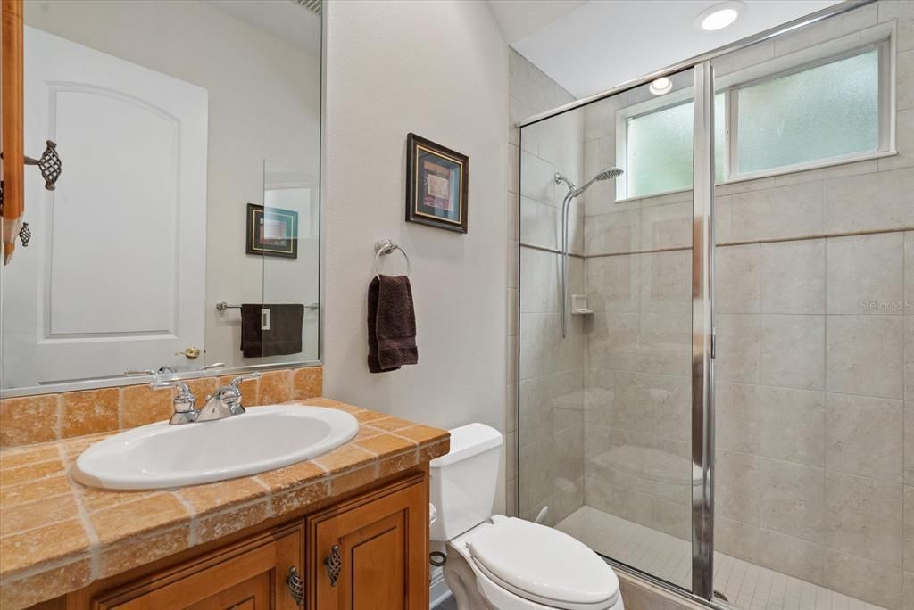 Bathroom, Glass Shower, Interior, Recessed Lighting, Tile Countertops