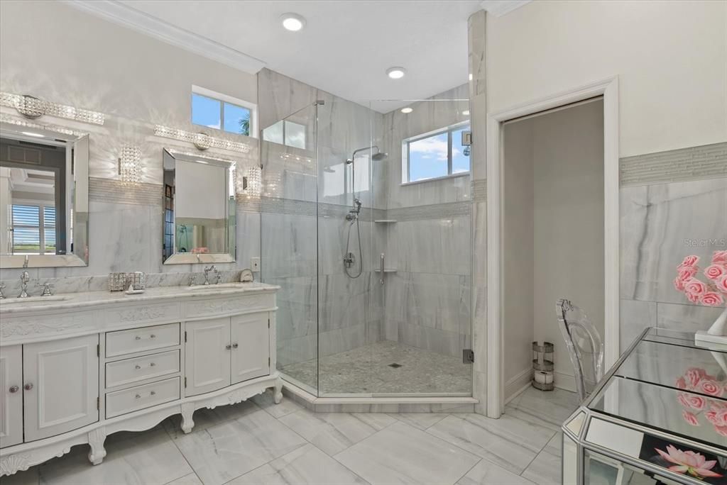 Bathroom, Dual Sink Vanities, Glass Shower, Interior, Marble, Recessed Lighting