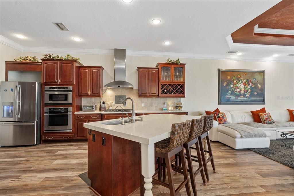 Interior, Kitchen, Living room, Recessed Lighting, Stainless Steel Appliances, Wood Texture Flooring