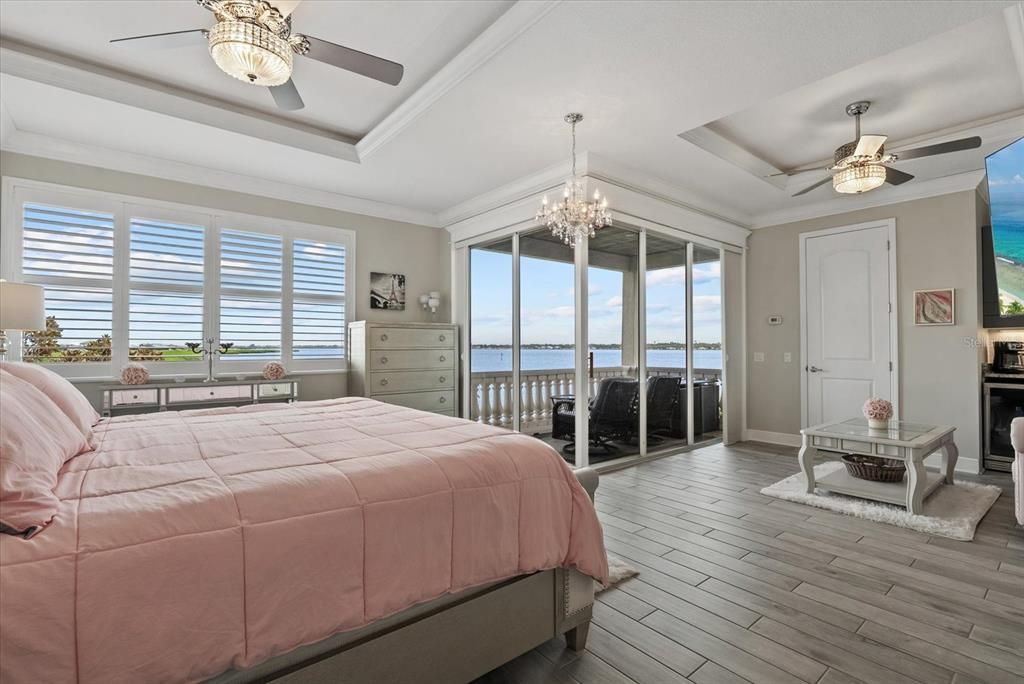 Bedroom, Chandelier, Interior, Water, Wood Texture Flooring