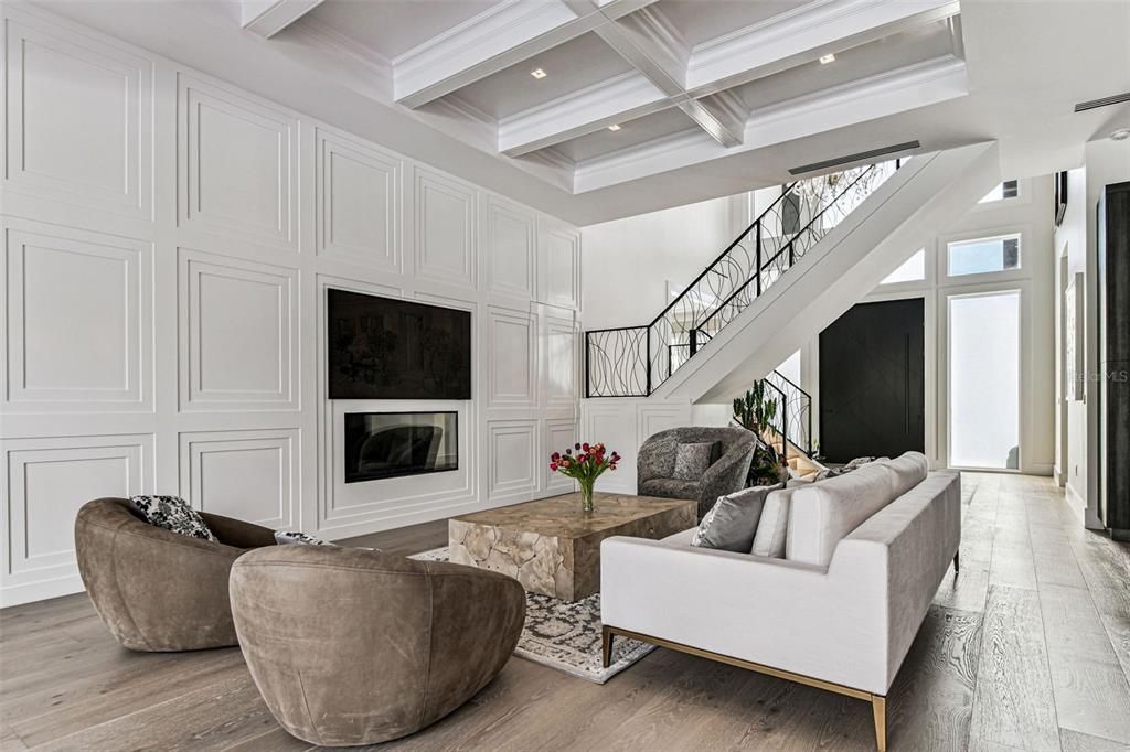 Fireplace, Interior, Living room, Recessed Lighting, Wood Texture Flooring