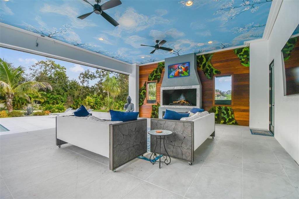 Fireplace, Interior, Living room, Recessed Lighting, Wooden Walls