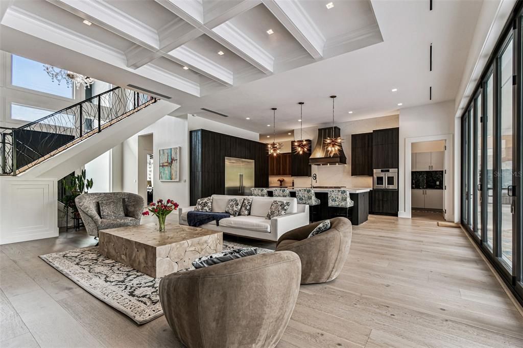 Interior, Kitchen, Living room, Pendant Lights, Recessed Lighting, Wood Texture Flooring