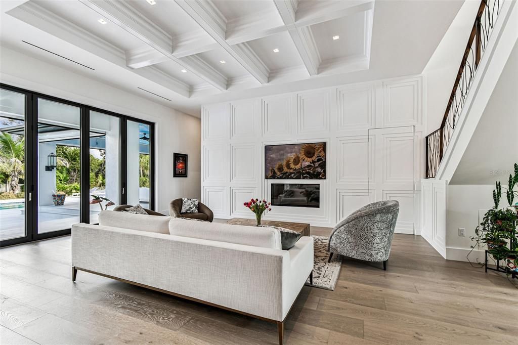 Fireplace, Interior, Living room, Recessed Lighting, Wood Texture Flooring