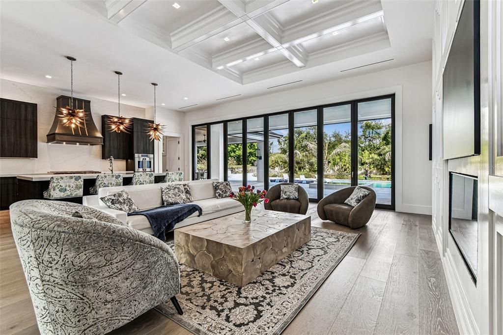 Interior, Kitchen, Living room, Pendant Lights, Recessed Lighting, Wood Texture Flooring