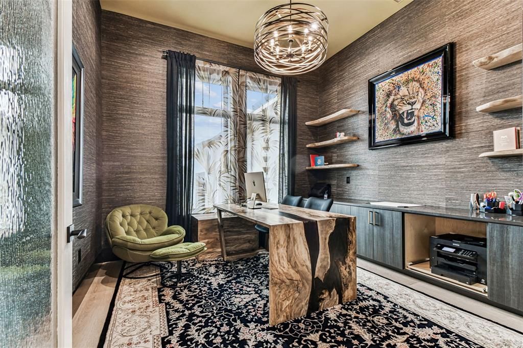 Home Office, Interior, Pendant Lights, Wood Texture Flooring, Wooden Walls