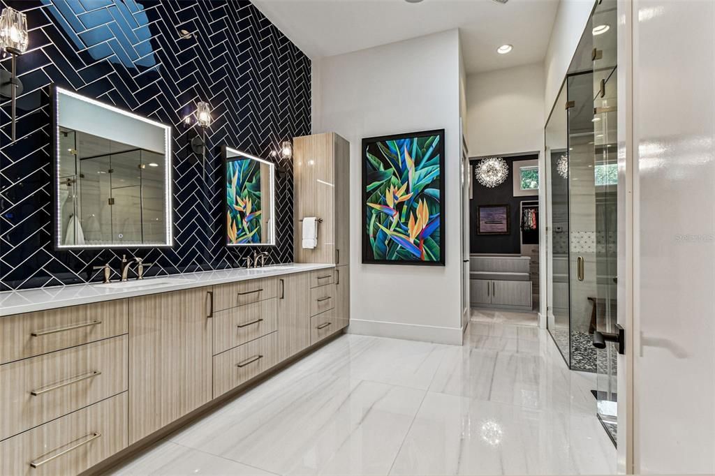Bathroom, Dual Sink Vanities, Glass Shower, Interior, Marble, Recessed Lighting