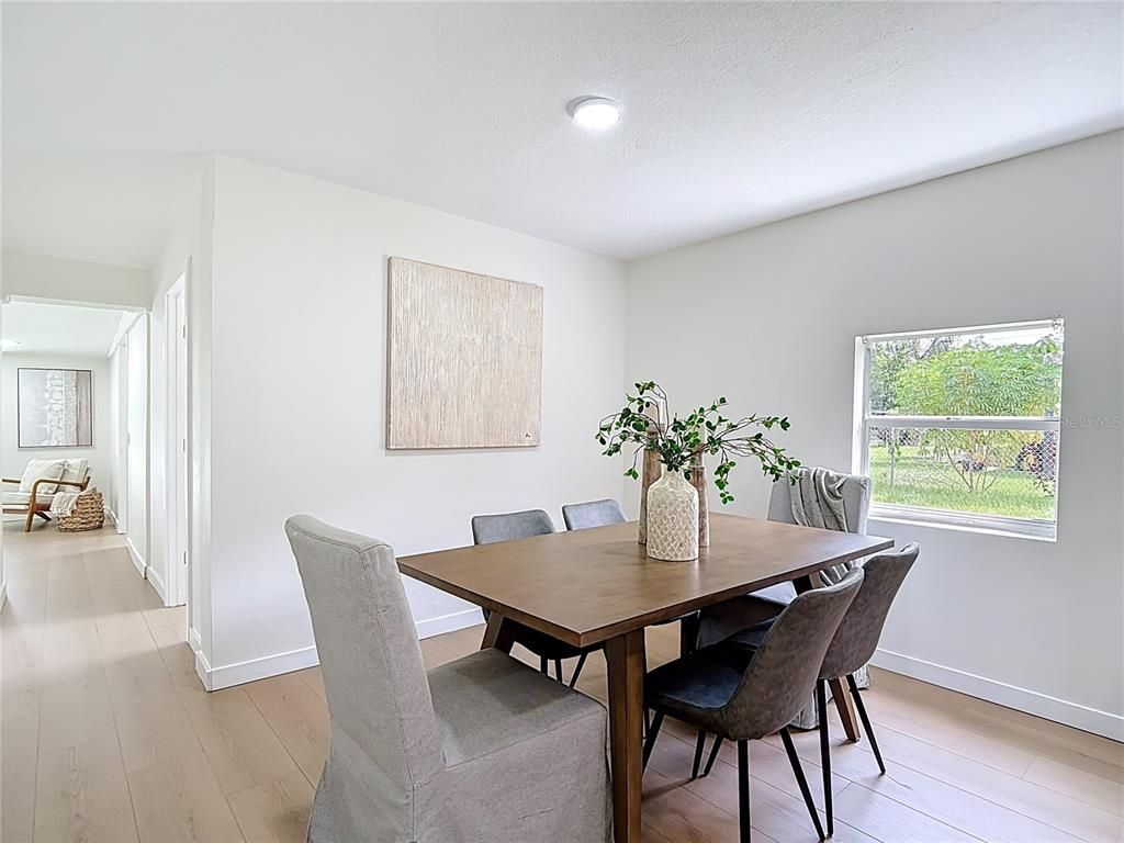 Dining room, Interior, Recessed Lighting, Wood Texture Flooring
