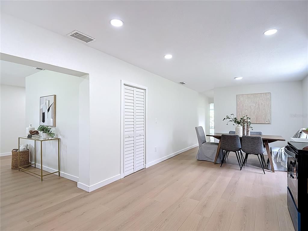 Dining room, Interior, Recessed Lighting, Wood Texture Flooring
