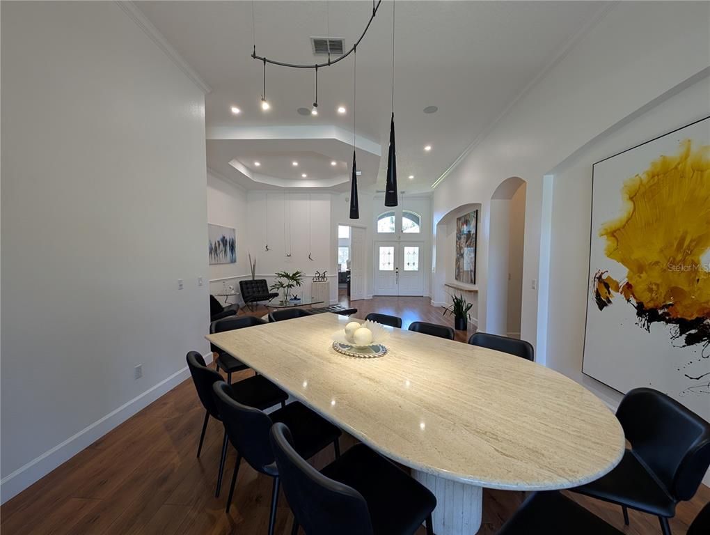 Dining room, Interior, Pendant Lights, Recessed Lighting, Wood Texture Flooring