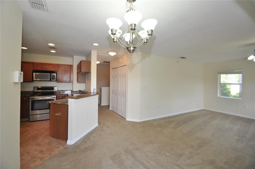 Chandelier, Empty room, Interior, Kitchen, Recessed Lighting, Stainless Steel Appliances