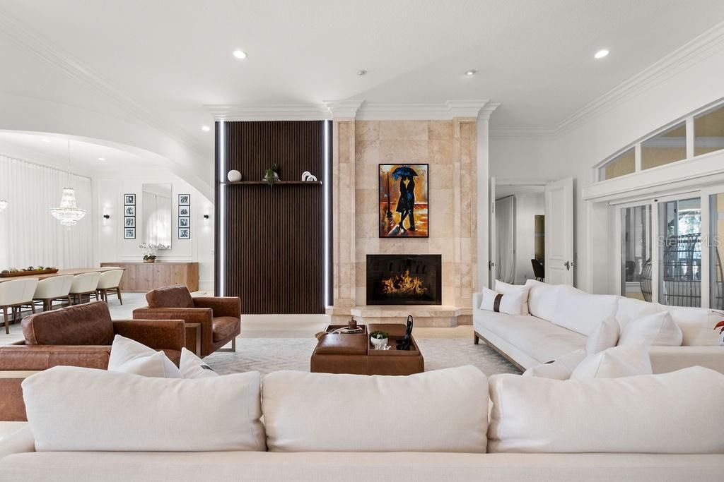 Dining room, Fireplace, Interior, Living room, Pendant Lights, Recessed Lighting