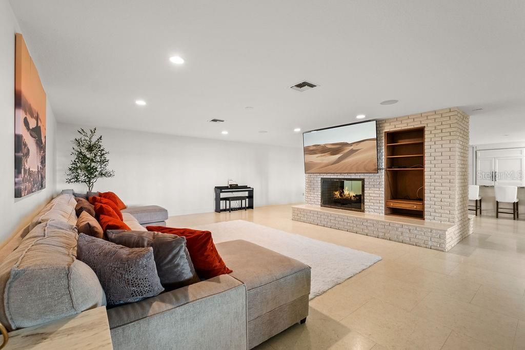 Fireplace, Interior, Living room, Recessed Lighting, Stone Walls