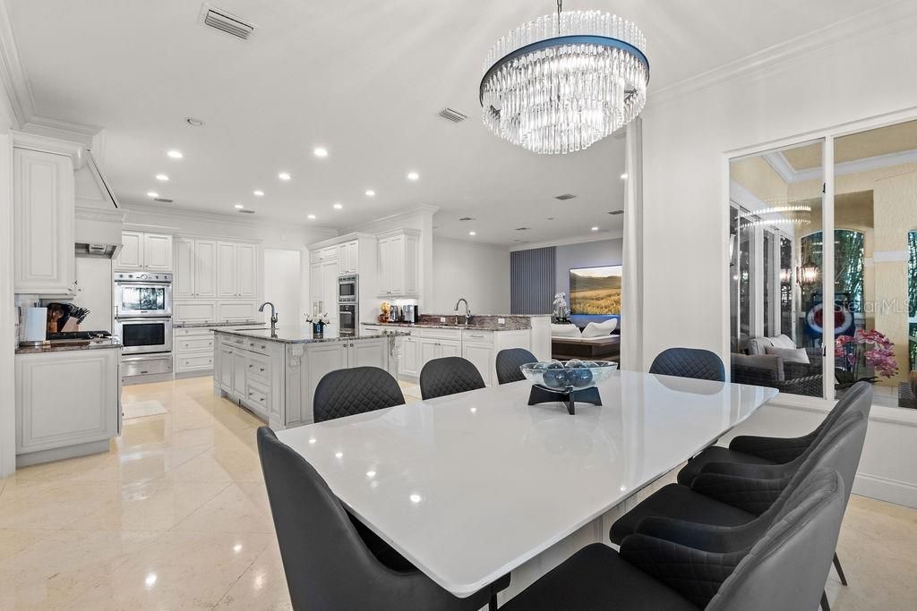 Chandelier, Dining room, Interior, Kitchen, Recessed Lighting, Stainless Steel Appliances