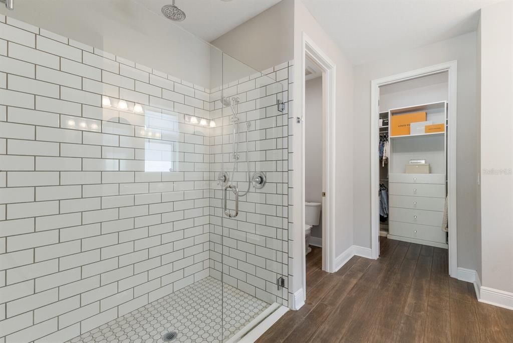 Bathroom, Glass Shower, Interior, Wood Texture Flooring