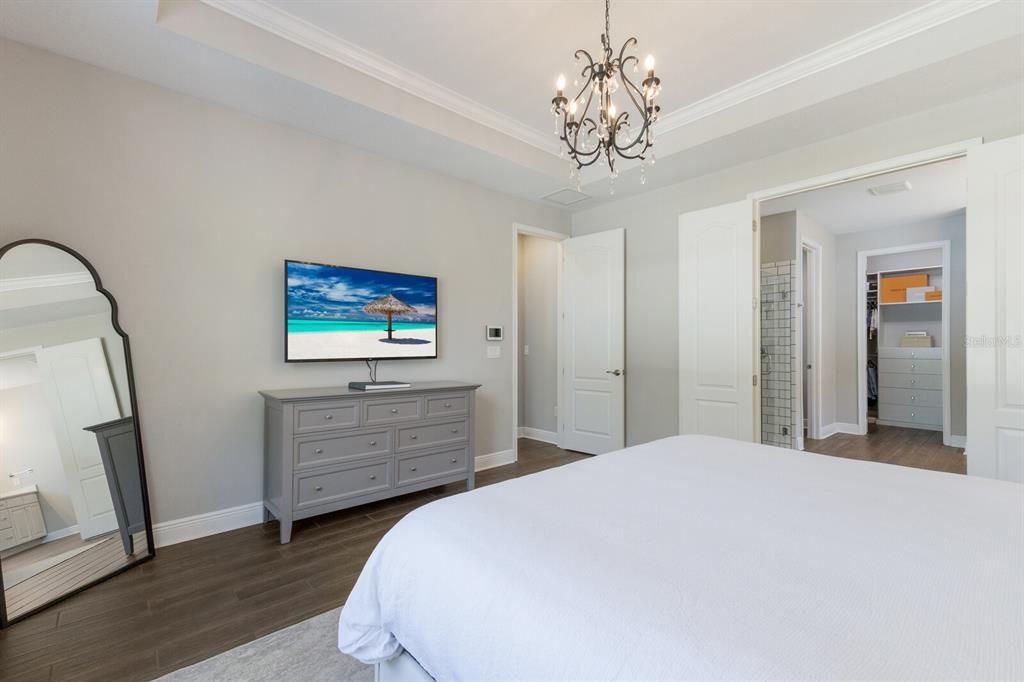 Bedroom, Chandelier, Interior, Wood Texture Flooring
