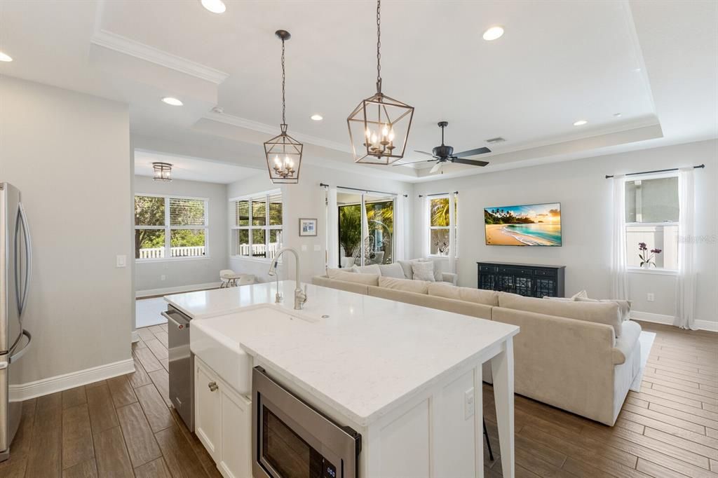 Fireplace, Interior, Kitchen, Living room, Pendant Lights, Recessed Lighting, Wood Texture Flooring