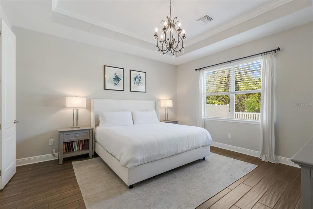 Bedroom, Chandelier, Interior, Wood Texture Flooring