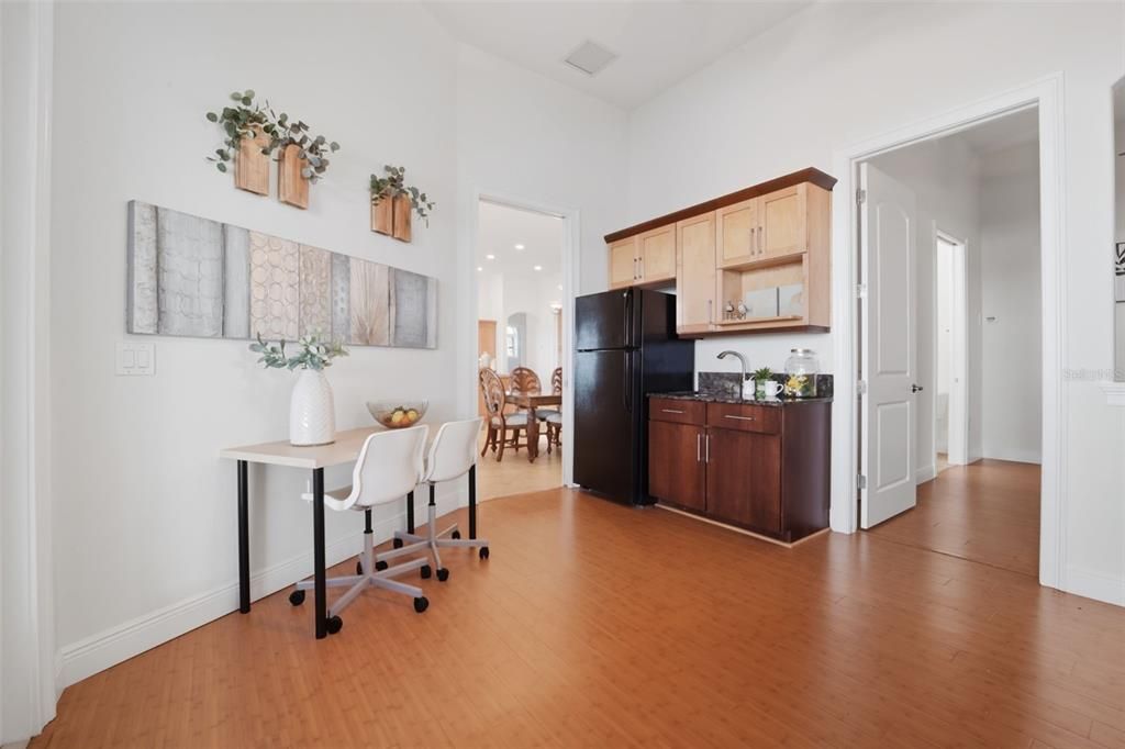 Dining room, Interior, Kitchen, Recessed Lighting, Wood Texture Flooring