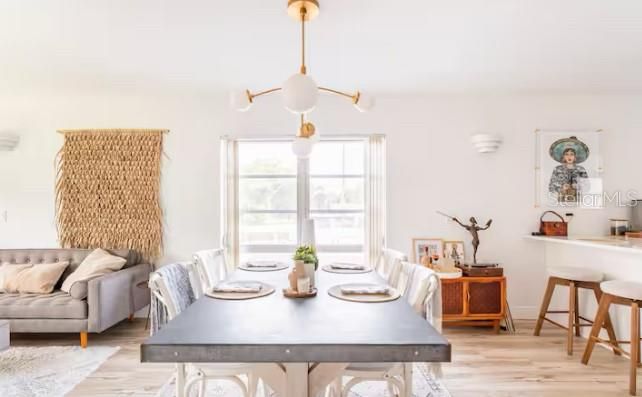 Dining room, Interior, Pendant Lights, Wood Texture Flooring