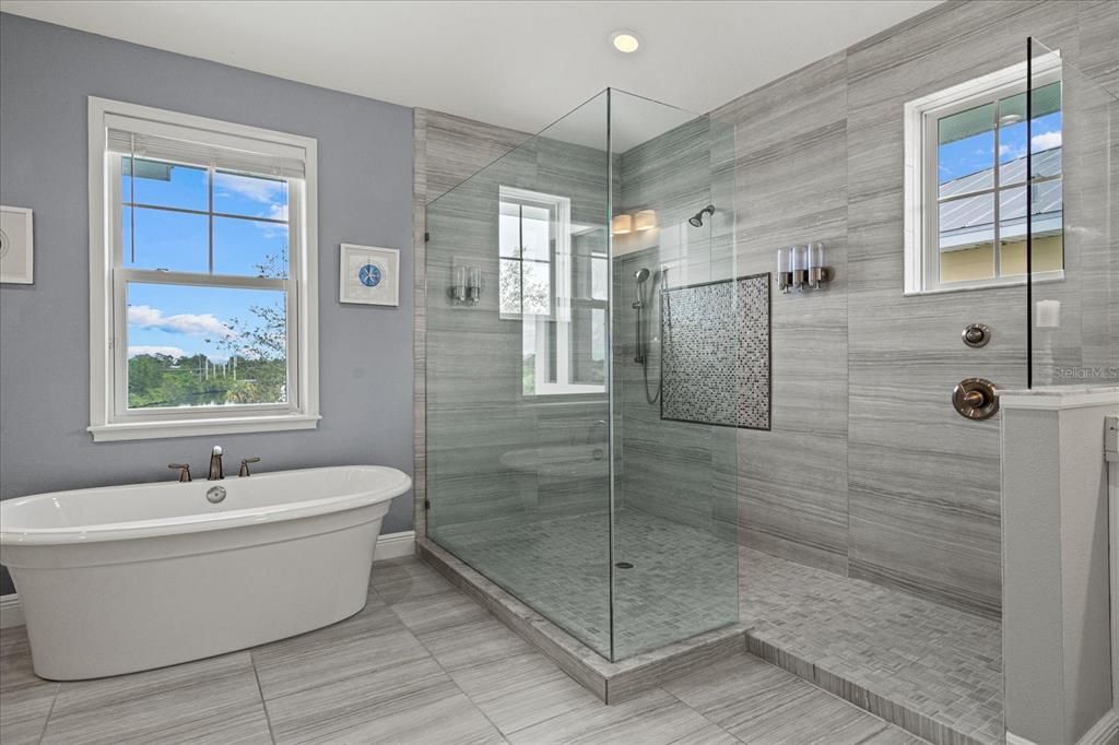 Bathroom, Free Standing Baths, Glass Shower, Interior, Recessed Lighting