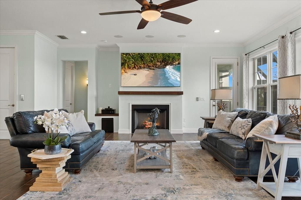 Fireplace, Interior, Living room, Recessed Lighting, Wood Texture Flooring