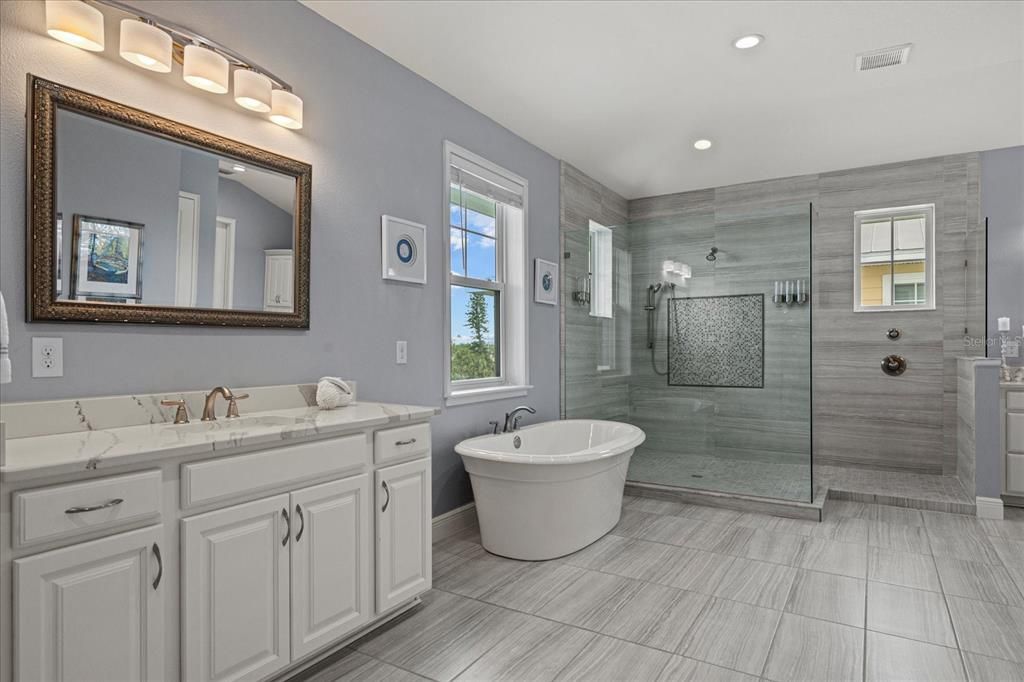 Bathroom, Dual Sink Vanities, Free Standing Baths, Glass Shower, Interior, Recessed Lighting