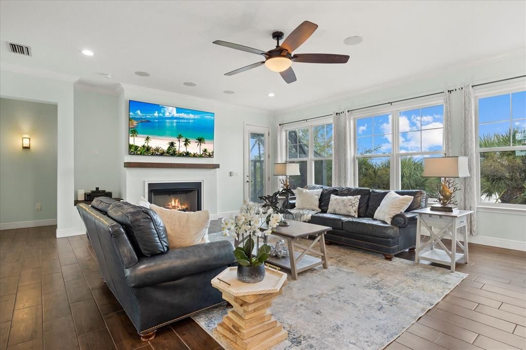 Fireplace, Interior, Living room, Recessed Lighting, Wood Texture Flooring