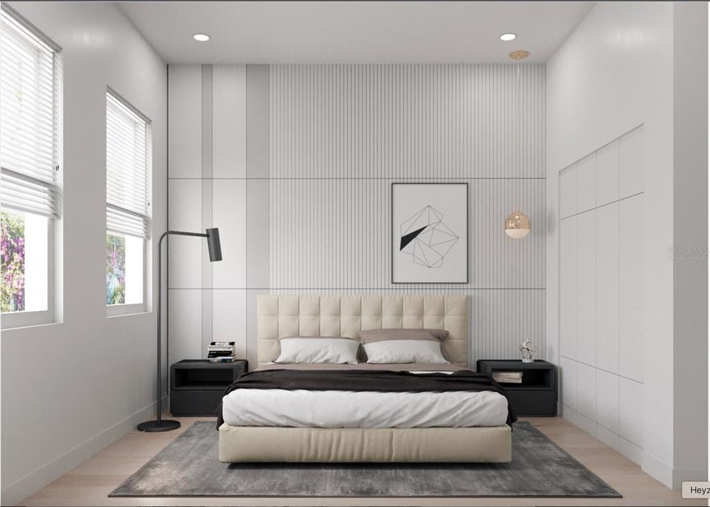 Bedroom, Interior, Pendant Lights, Recessed Lighting, Wood Texture Flooring
