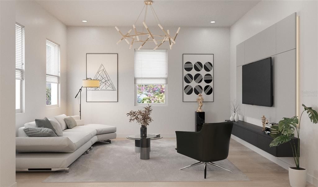 Interior, Living room, Pendant Lights, Recessed Lighting, Wood Texture Flooring