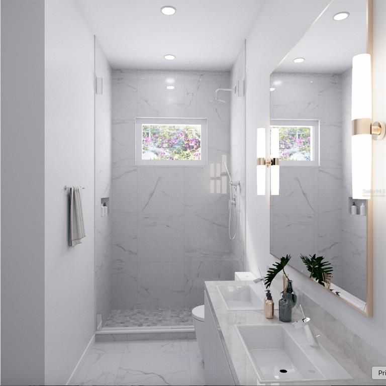 Bathroom, Interior, Marble, Marble Walls, Recessed Lighting