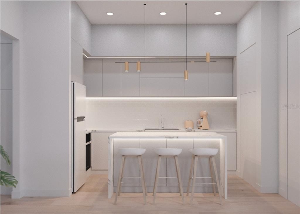 Interior, Kitchen, Pendant Lights, Recessed Lighting, Wood Texture Flooring