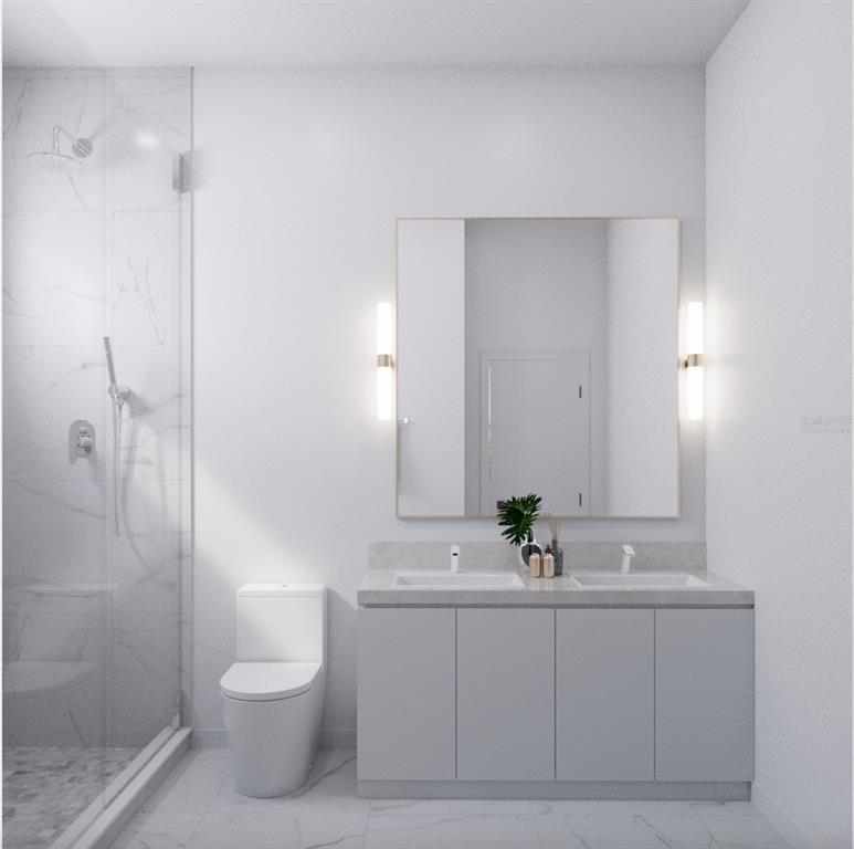 Bathroom, Dual Sink Vanities, Glass Shower, Interior, Marble, Marble Walls