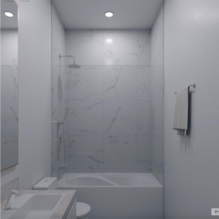 Bathroom, Glass Shower, Interior, Marble Walls, Recessed Lighting